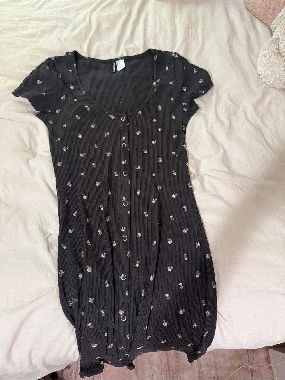 Divided Black Ribbed Button-Front Top with Pink Floral Print